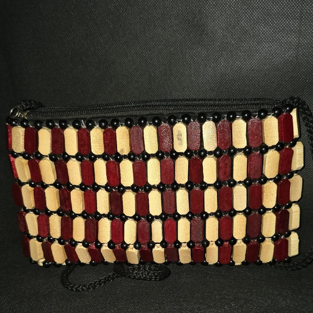 African Wooden Square Crossbody Purse in Natural and Burgundy - Picture 9 of 9
